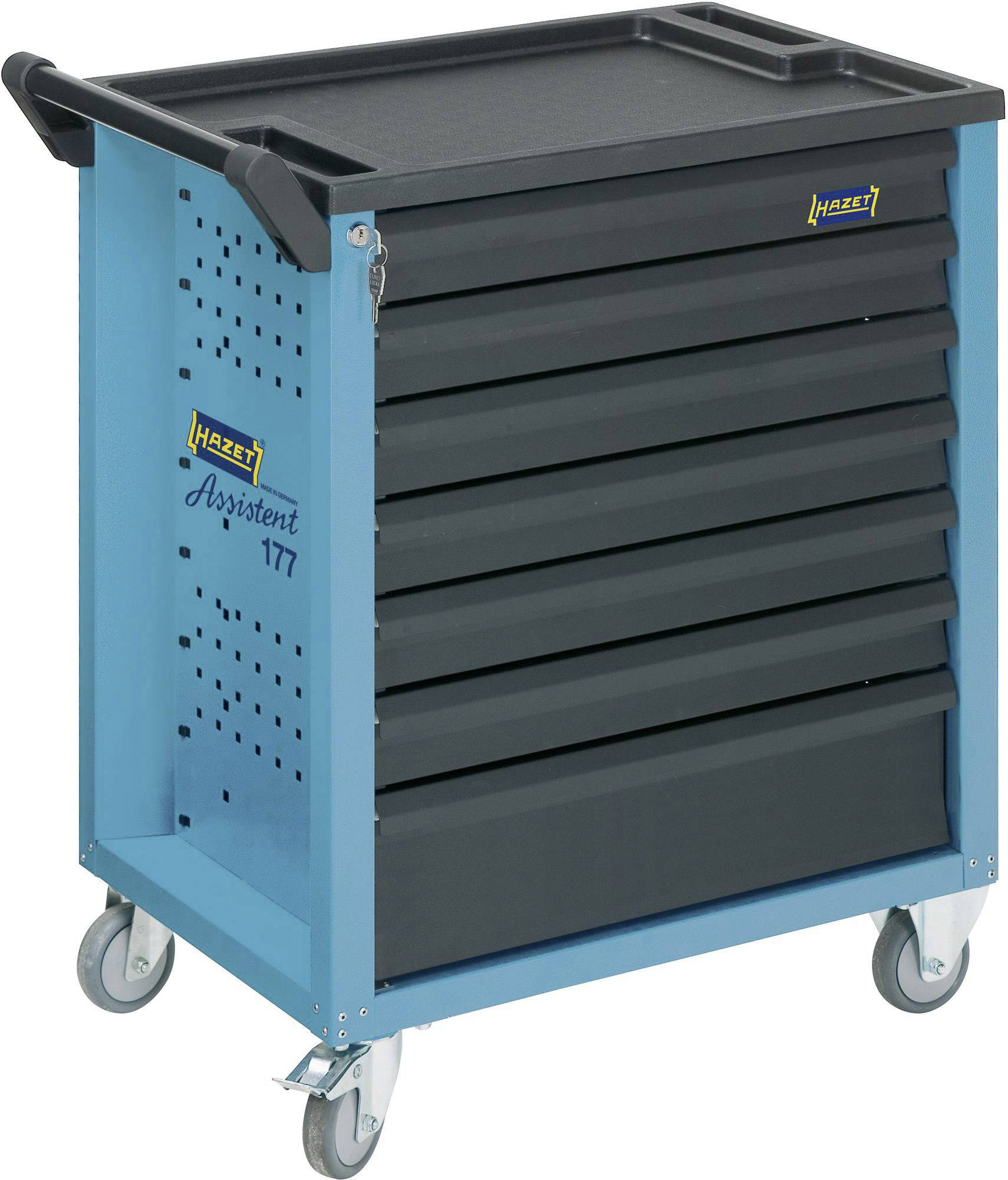 Blauer Werkzeugwagen mit sechs Schubladen und vier Rädern, geeignet für den Einsatz in Werkstätten zur Aufbewahrung von Werkzeugen.