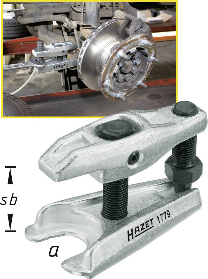 Abzieher für Kfz-Bremsbauteile, Abbildung zeigt Werkzeug im Einsatz am Auto mit Detailansicht. Beschriftung: HAZET 1779.