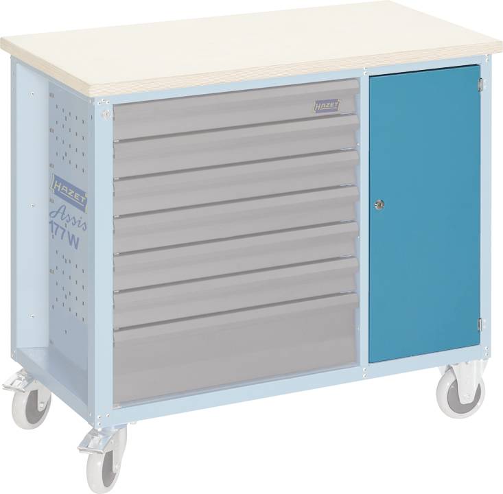 Werkzeugwagen mit blauen Seitentüren, sechs grauen Schubladen und vier Rädern. Oberseite aus hellem Holz. Markenname sichtbar.