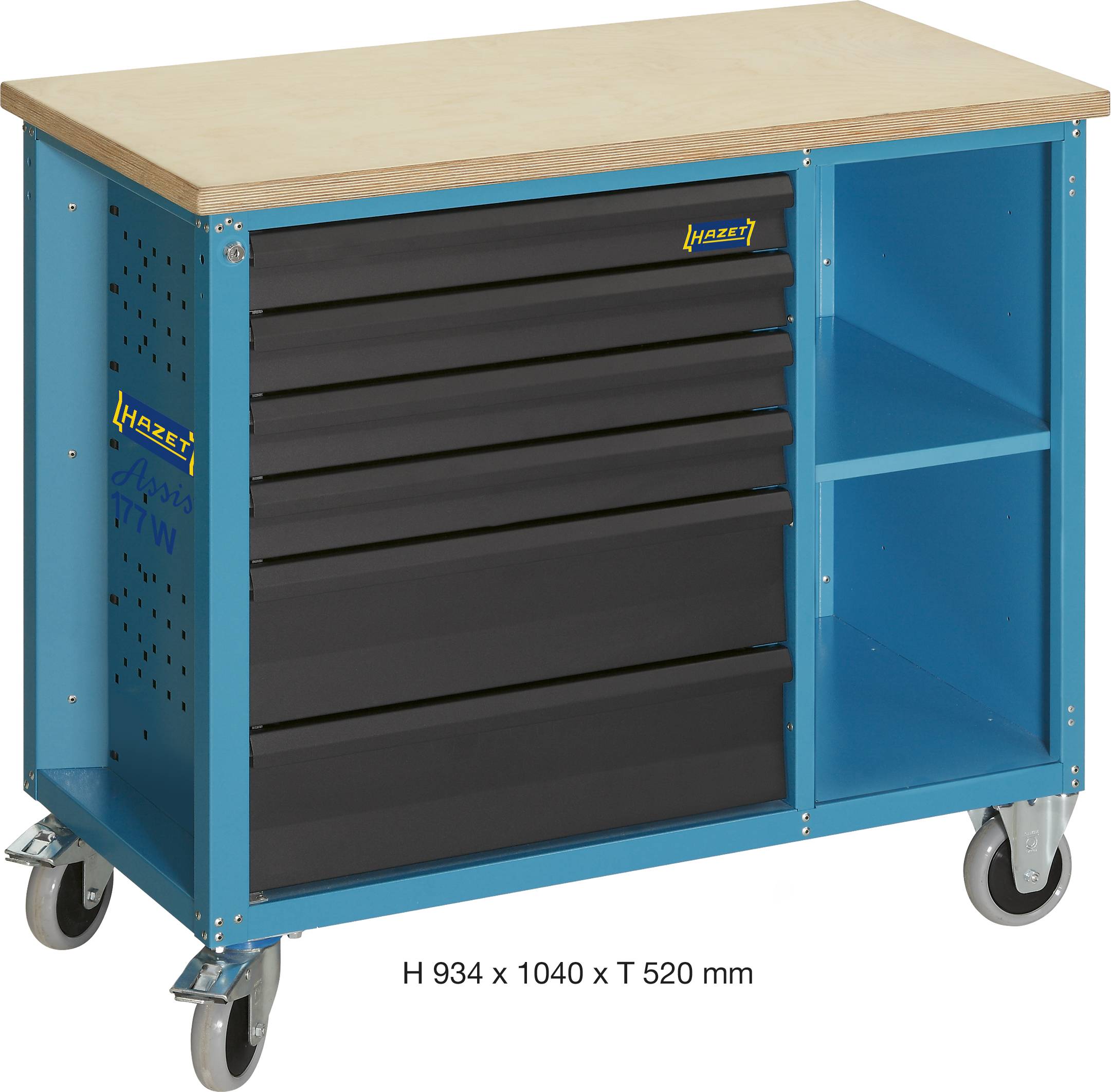 Metall-Werkbank auf Rädern mit sechs schwarzen Schubladen, einer offenen Ablage und einer Holz-Arbeitsplatte, blau lackiert.