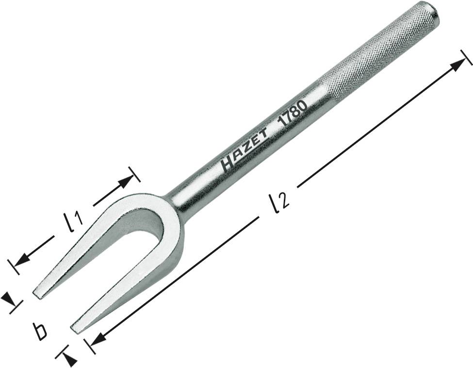 Das Bild zeigt ein mechanisches Werkzeug, einen silbernen Gabel-Ausdrücker mit den Maßen l1, l2 und b entlang des Stiels und der Gabel.