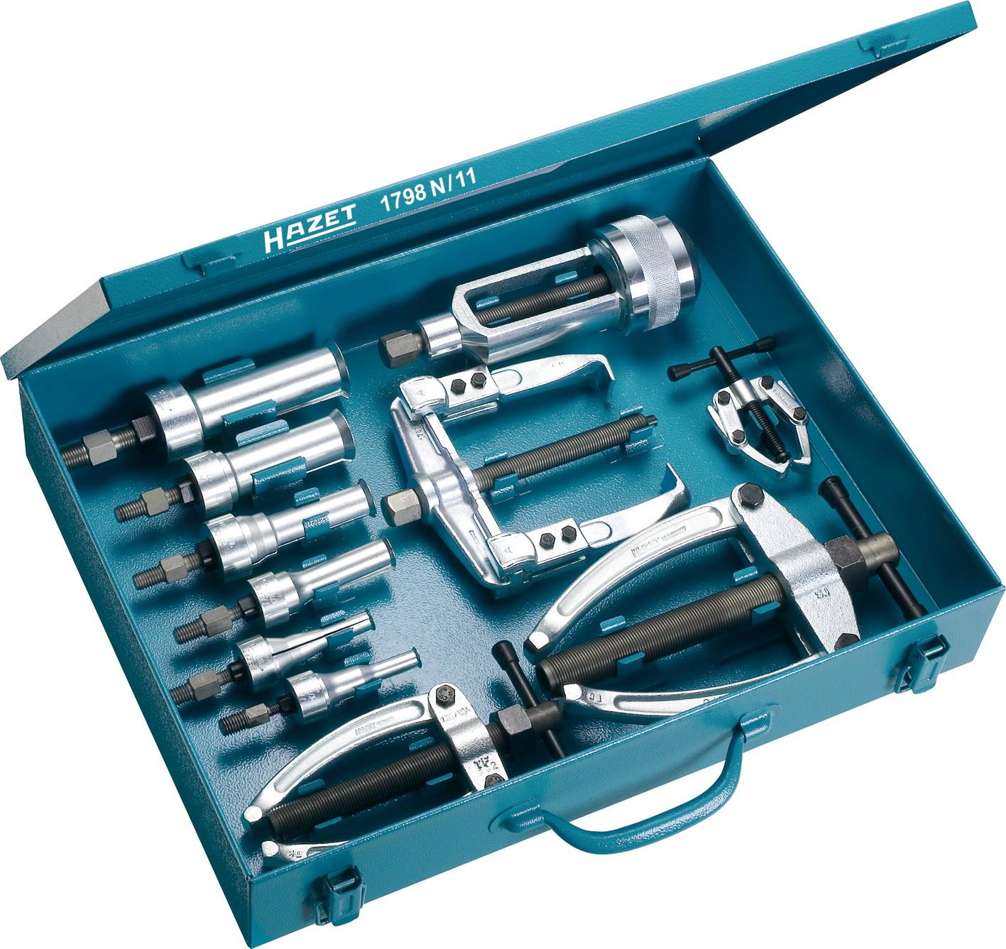 Metallschachtel mit Hazet-Abziehset, bestehend aus verschiedenen silbernen und schwarzen Abziehern und Zubehörteilen, für mechanische Arbeiten.