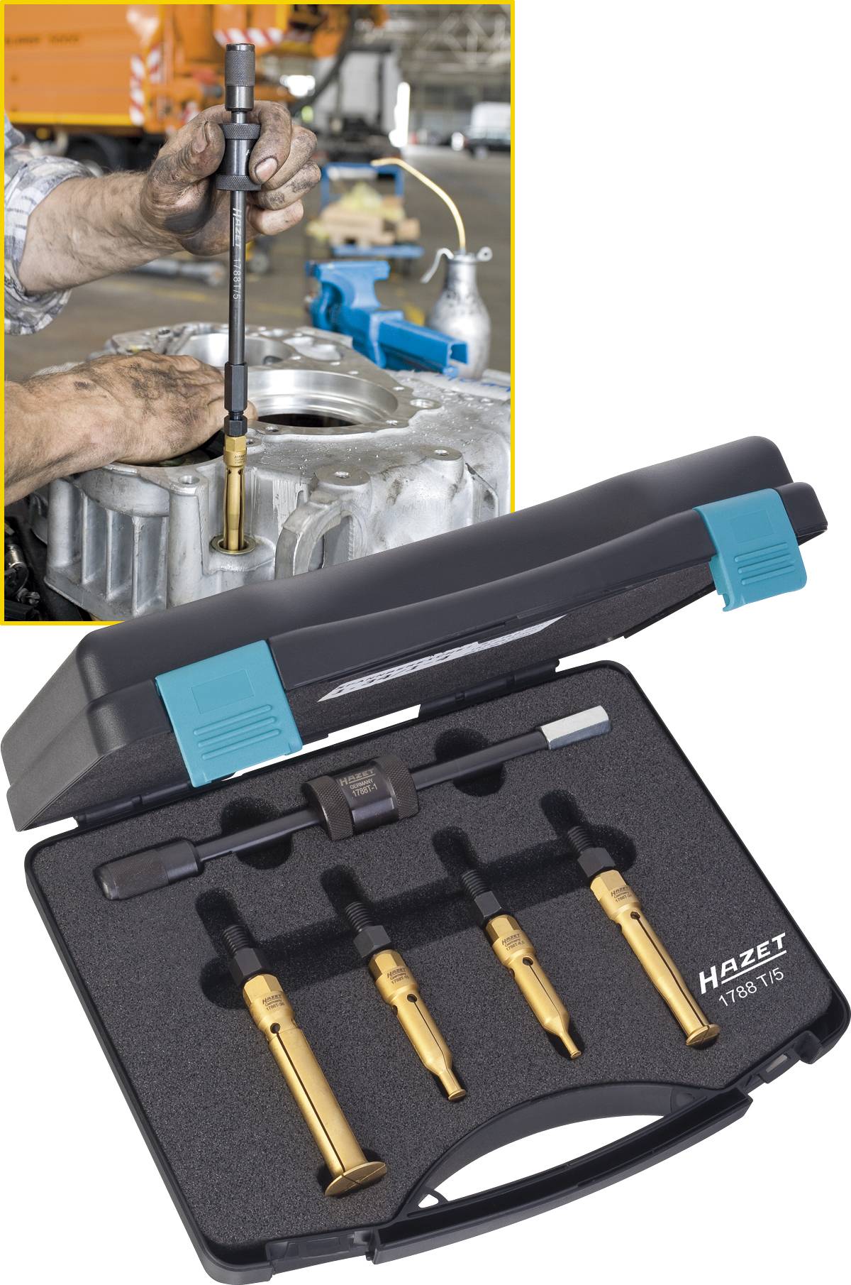 Werkzeugset mit mehreren Bohrern in offener Box. Im Hintergrund wird ein Motor mit einem der Bohrer bearbeitet.