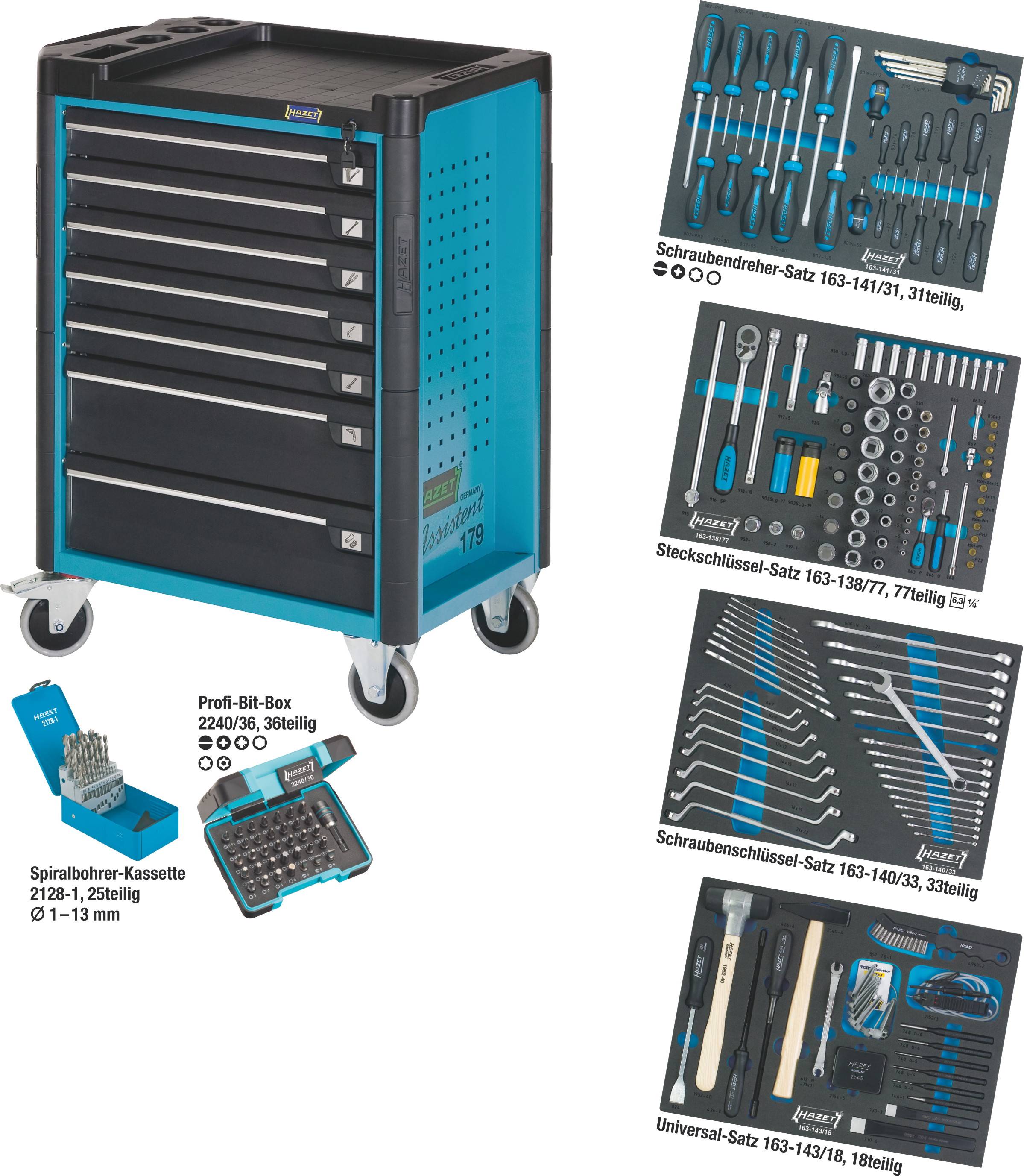Ein Werkstattwagen mit sechs Schubladen, voll ausgestattet mit verschiedenen Schraubendrehern, Steckschlüsseln und Bitsätzen.