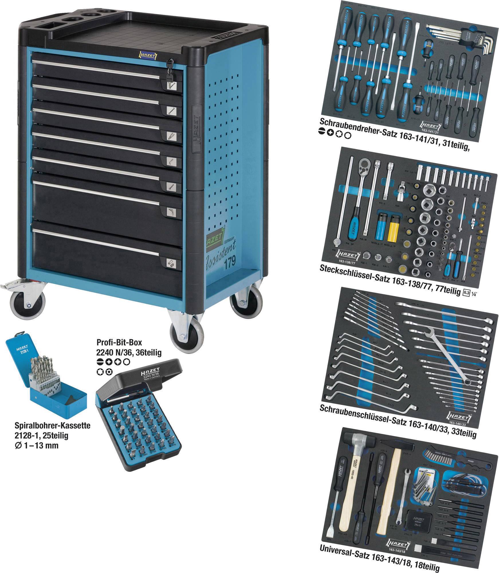 Werkzeugwagen mit fünf Schubladen, verschiedene Schraubendreher-, Steckschlüssel- und Schraubenschlüssel-Sets, Bohrer-Kassette.