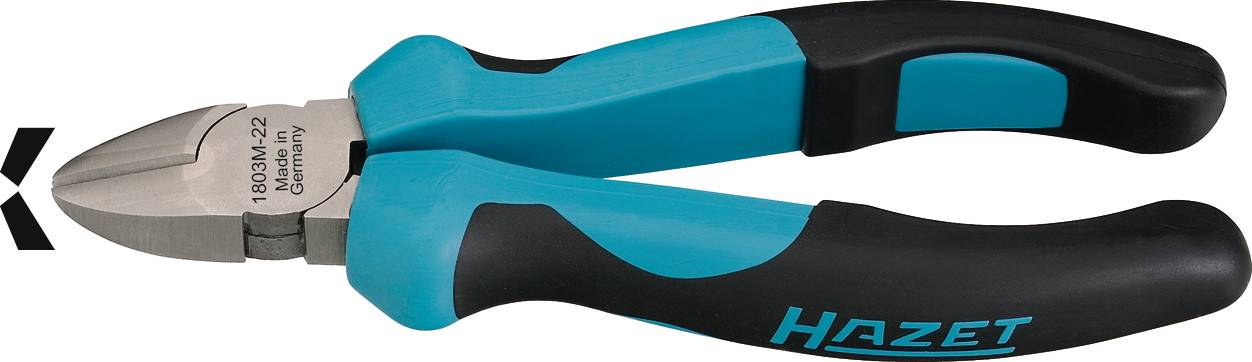 Eine blaue und schwarze Seitenschneider-Zange der Marke Hazet, geeignet zum Schneiden von Draht oder Kabeln.