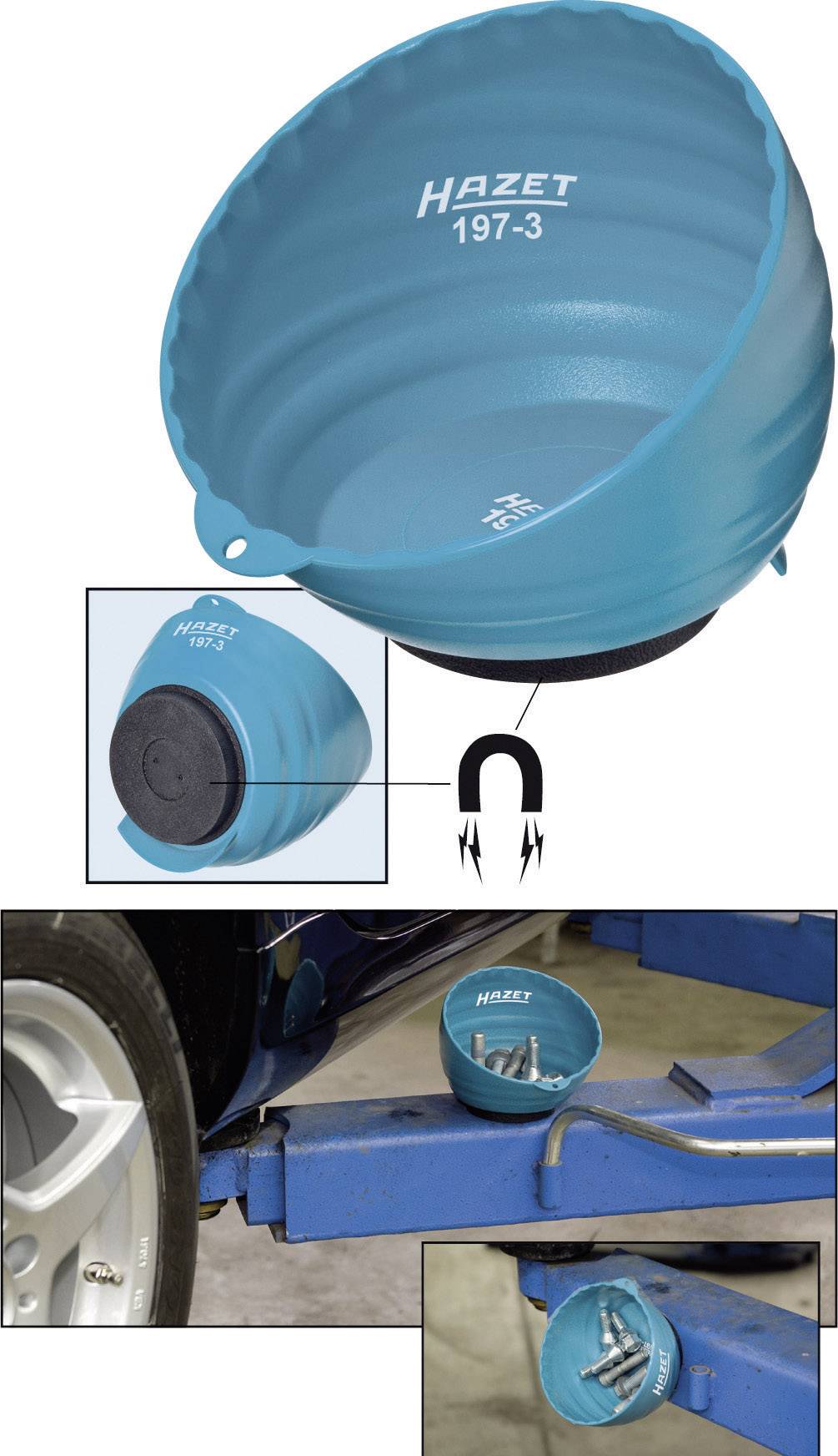 Blauer magnetischer Schalenbehälter mit 'Hazet 197-3' Aufschrift, hält Schrauben und Muttern auf einem Autoteil während der Reparatur.