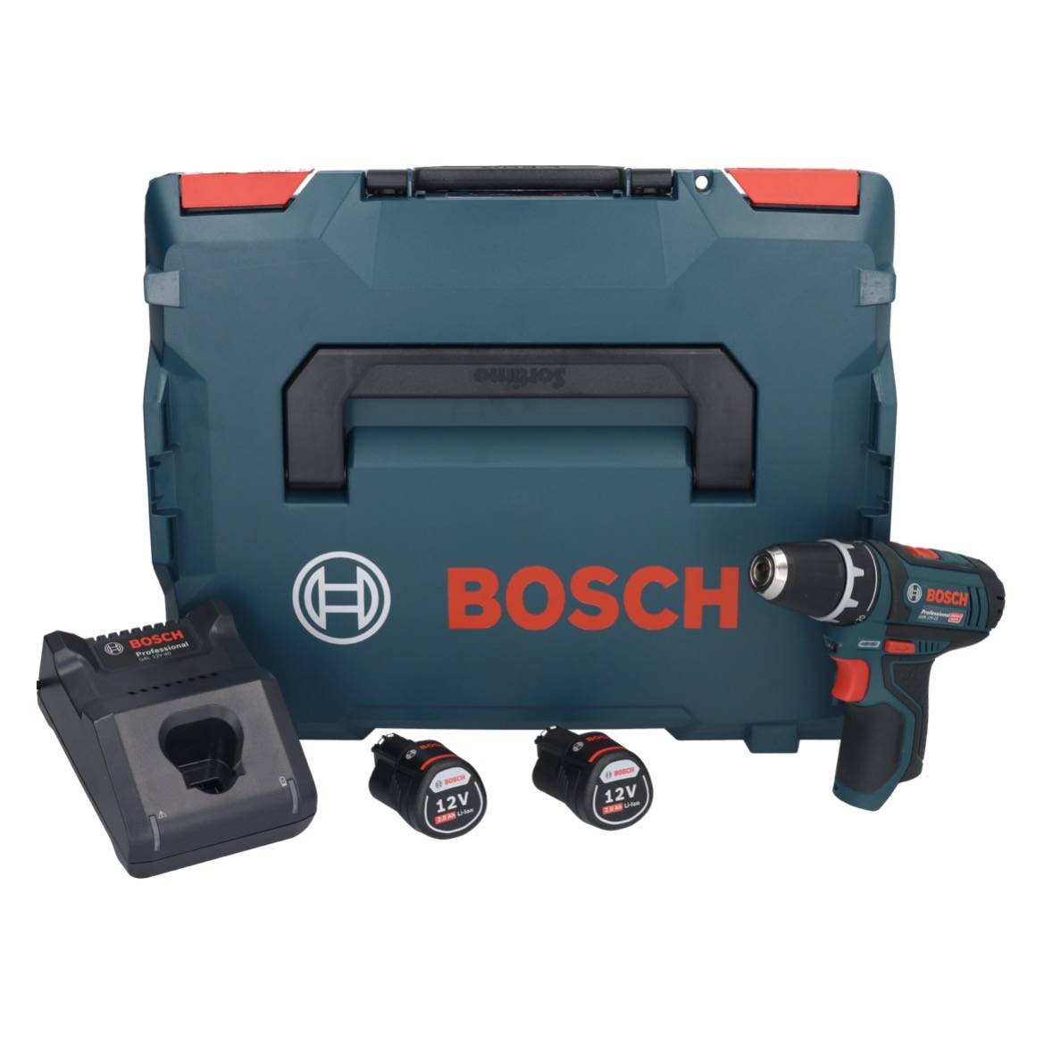 Bosch GSR 12V-15 Professional Akku Bohrschrauber 12 V 30 Nm ( 0601868109 ) + 2x Akku 2,0 Ah + Ladegerät + L-Boxx