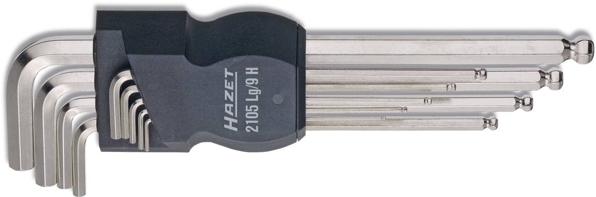 Ein Satz von neun Inbusschlüsseln in verschiedenen Größen, von klein bis groß, in einem schwarzen Halter von der Marke 'Hazet'.