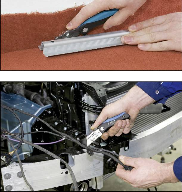 Oben: Person schneidet Teppichkante mit Cutter. Unten: Person nutzt Werkzeug zur Verstellung von Autoteilen.