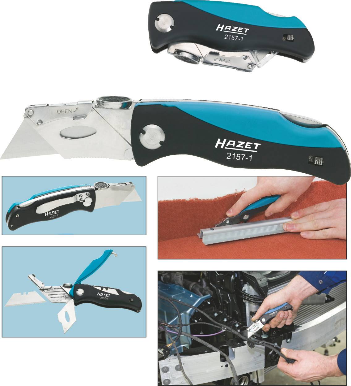 Klappmesser mit blauer und schwarzer Griff, offen und geschlossen. Wird zum Schneiden von Kabeln und Stoffen verwendet.