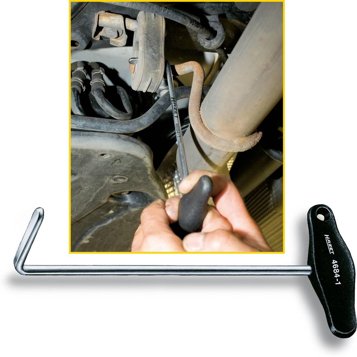 Abbildung zeigt ein Werkzeug, das unter einem Fahrzeug verwendet wird, um eine Auspuffhalterung zu entfernen oder zu installieren.