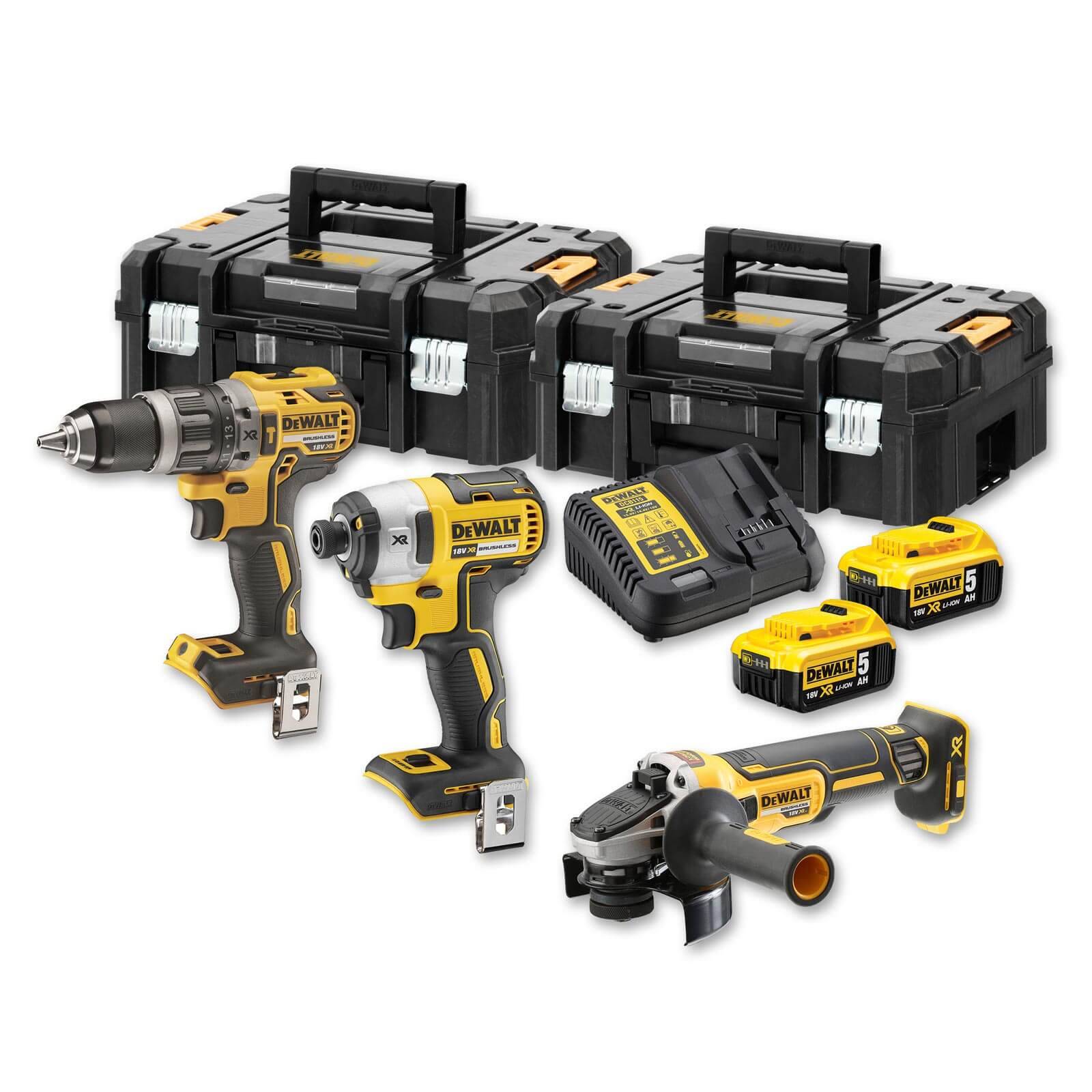 DEWALT DCK384P2T-QW DCK384P2T-QW Werkzeugset Akku-Schlagbohrschrauber, Akku-Schlagschrauber, Akku-Winkelschleifer, Akku, Akku-Ladegerät 8teilig