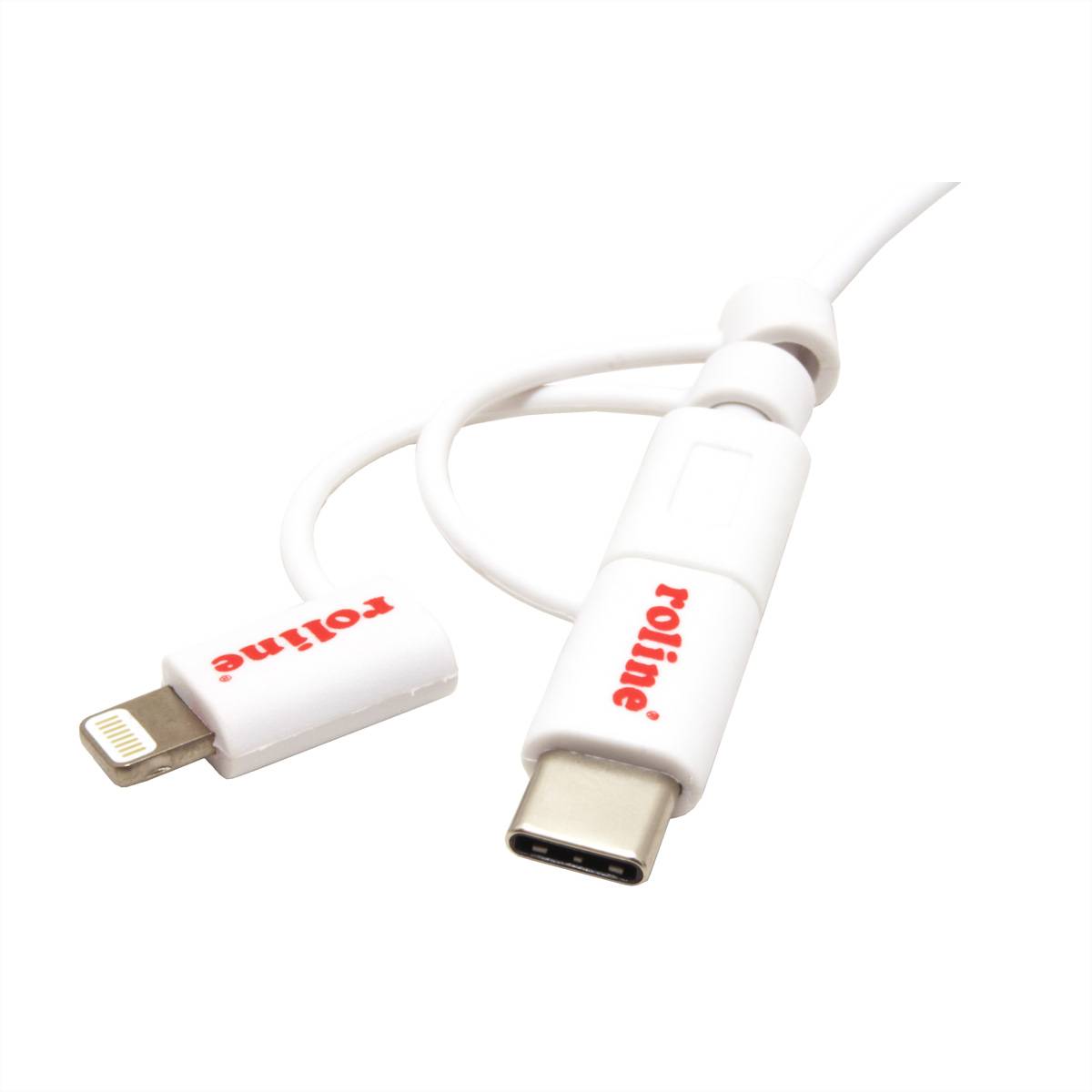 ROLINE USB 2.0 Sync- & Ladekabel Typ A - Typ C / 8-Pin / USB MicroB, weiß, 1 m