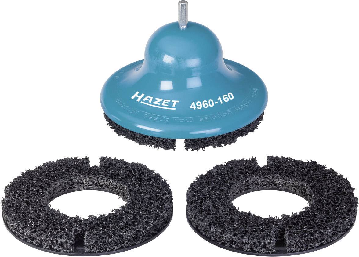 Drahtbürstenset mit Halterung und zwei Ersatzscheiben, geeignet zum Entfernen von Rost und Farbe, Marke 'Hazet'.