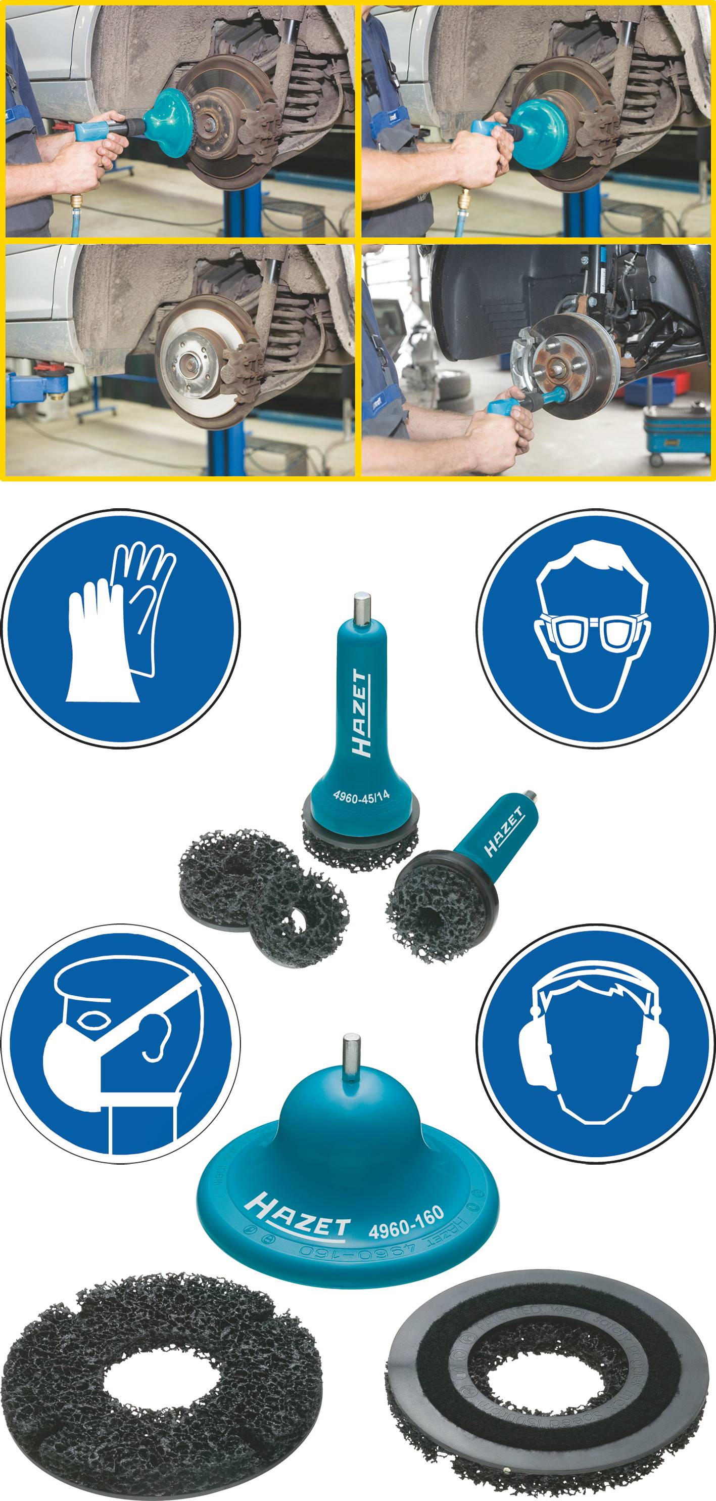 Obere Reihe: Ein Mechaniker benutzt ein Werkzeug an einer Bremstrommel. Untere Reihe: Schilder zur Schutzausrüstung und Werkzeugdetails.