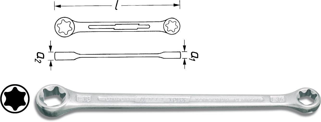 Schraubenschlüssel mit Torx-Profil und technische Zeichnung. Zeigt Maße und Form des Werkzeugs in Ansicht von oben und Seite.