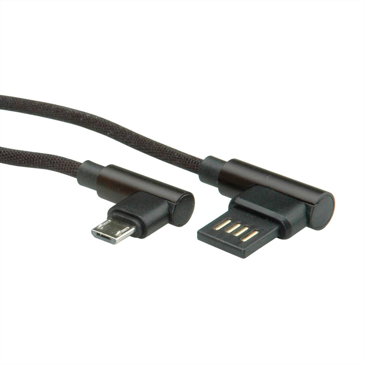 ROLINE USB 2.0 Kabel, gewinkelt, Typ A rev - Micro B, ST/ST, schwarz, 0,8 m Kabel USB &amp; Lightning