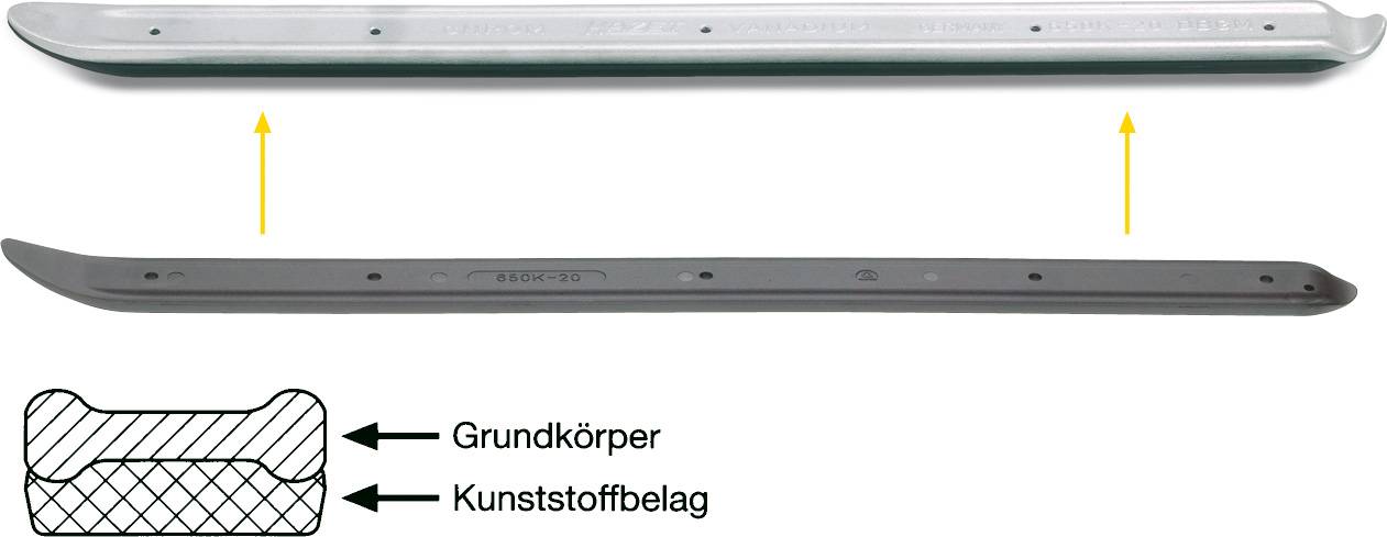 Zwei Metallstreifen, einer mit und einer ohne Kunststoffbelag, liegen parallel. Darunter eine schematische Darstellung des Aufbaus.