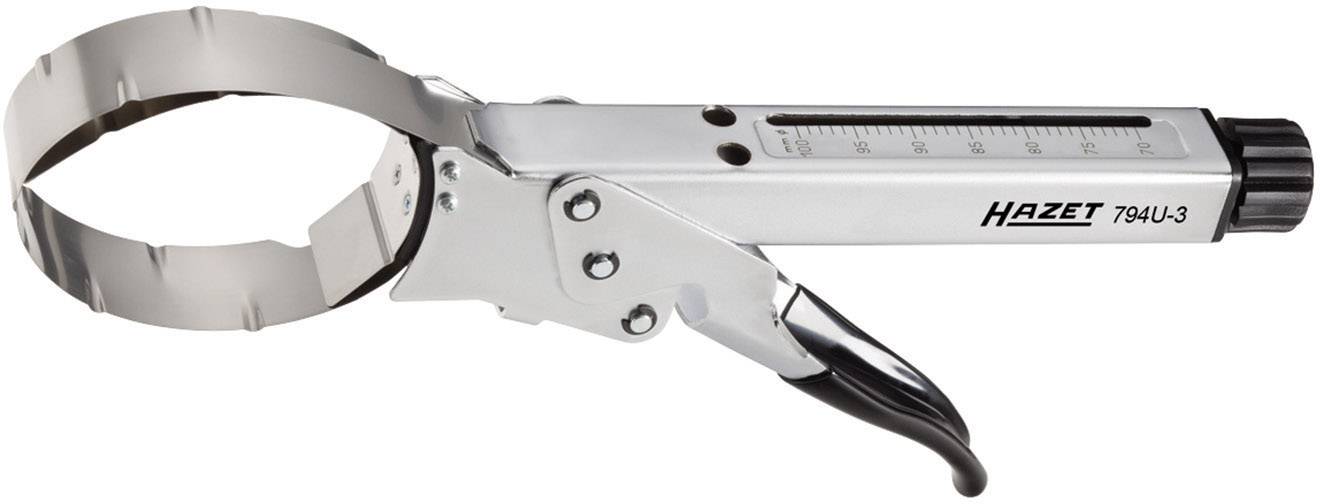 Ölfilterzange aus Metall mit einstellbarer Spannweite, verwendet zum Lösen und Festziehen von Ölfiltern in Fahrzeugmotoren.