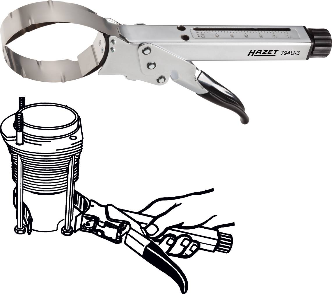 'Werkzeug Hazet 794U-3' im Einsatz. Zeigt einen Kolbenring-Spanner, der den Kolben eines Motors umfasst.