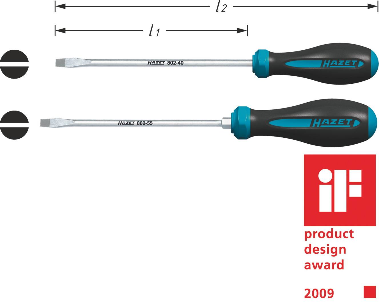 Zwei Schraubendreher mit blauen Griffen und 'Hazet' Beschriftung. Beschriftung weist auf Produktdesign-Auszeichnung im Jahr 2009 hin.