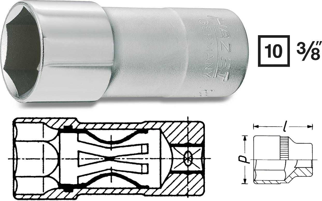 Ein sechskantiger Steckschlüssel mit Querschnittsdiagramm und Maßangaben 10 mm und 3/8 Zoll.