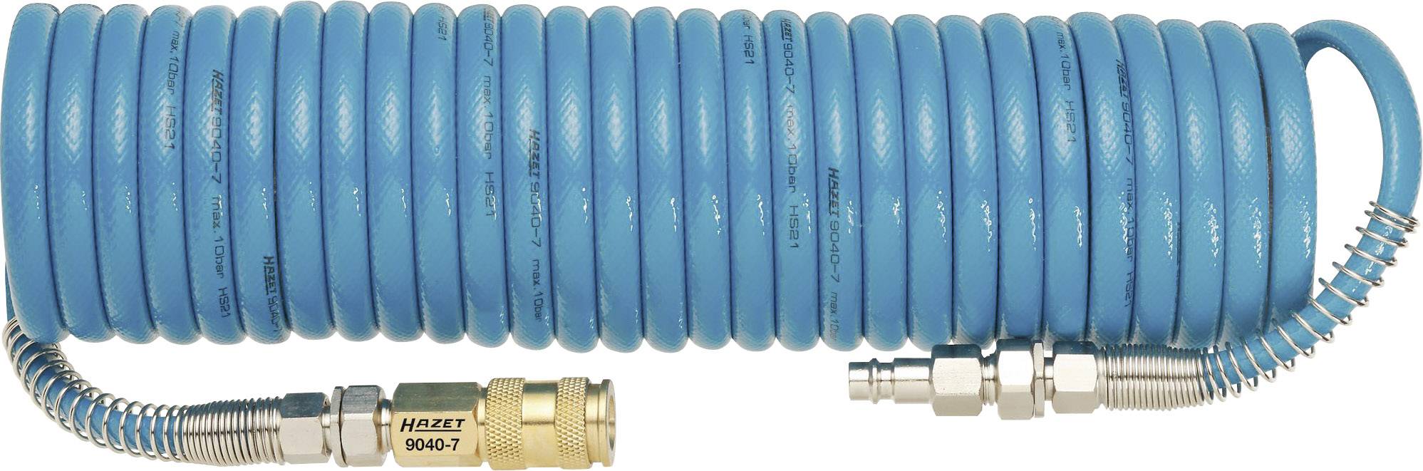 Blauer Spiralschlauch mit Metallanschlüssen an beiden Enden.