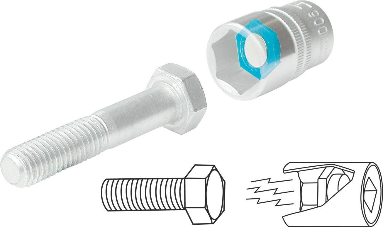 Silberne Schraube und Steckschlüssel mit sechseckiger Öffnung, illustriert durch Zeichnungen zur Anwendung und Mechanik der Verbindung.
