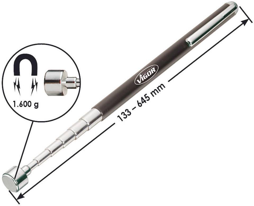 Ein ausziehbarer Magnetheber mit einer Länge von 133 bis 645 mm, der 1,600 g anheben kann. Ideal zum Aufnehmen von Metallteilen.