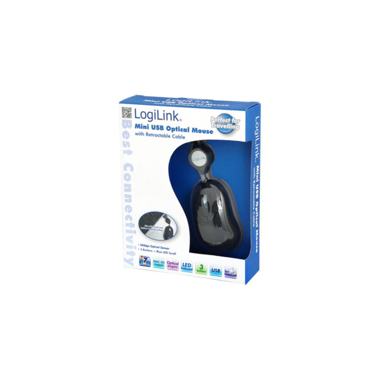 LogiLink ID0016 Maus USB Optisch Schwarz 3 Tasten 800 dpi Kabeleinzug