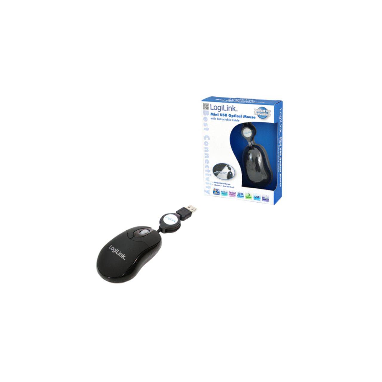 LogiLink ID0016 Maus USB Optisch Schwarz 3 Tasten 800 dpi Kabeleinzug