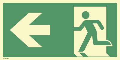 Schild Notausgang links Pfeil links, ISO 7010, Kunststoff, nachl., 160-mcd, 400x200 mm