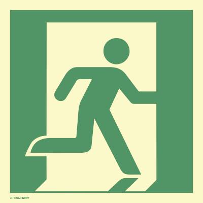 Aufkleber Notausgang rechts, ISO 7010, Folie, langnachleuchtend, 160-mcd, 148x148 mm