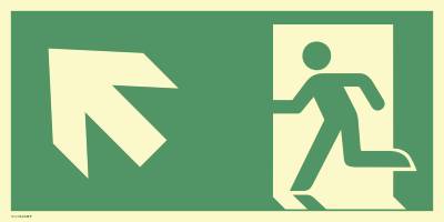 Schild Notausgang links aufwärts, ISO 7010, Kunststoff, nachleucht., 160-mcd, 400x200 mm