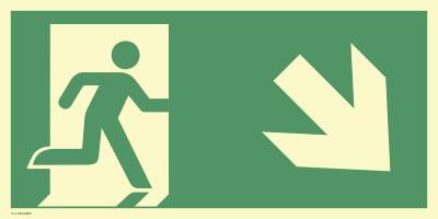 Schild Notausgang rechts abwärts, ISO 7010, Kunststoff, nachleucht., 160-mcd, 400x200mm