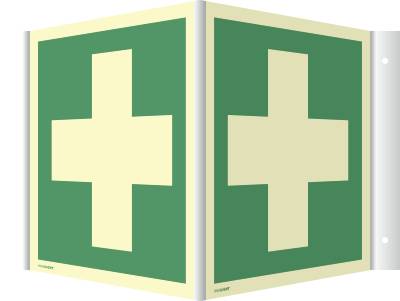 Winkelschild Erste Hilfe ISO 7010 Kunststoff nachleucht. 160-mcd 148x148 mm.