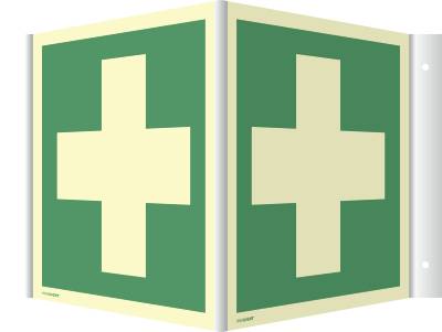 Winkelschild Erste Hilfe, ISO 7010, Kunststoff, nachleucht., 160-mcd, 148x148 mm
