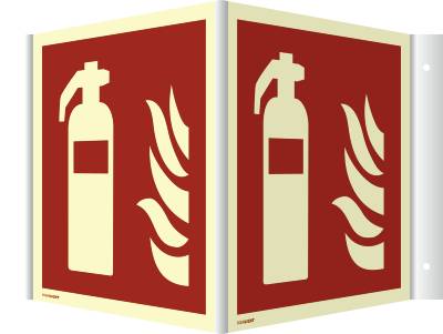 Winkelschild Feuerlöscher ISO 7010 Kunststoff langnachleuchtend 20 x 20 cm.