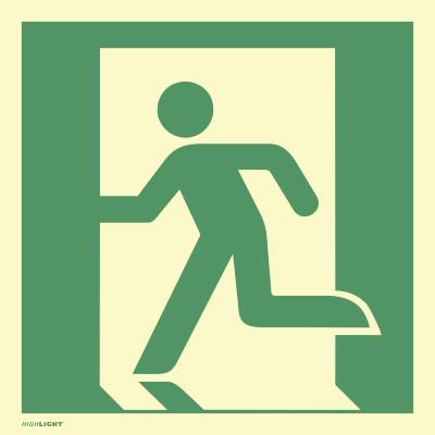 Schild Notausgang links, ISO 7010, Folie, langnachleuchtend, 160-mcd, 200x200 mm