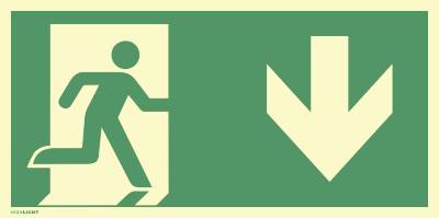 Schild Notausgang rechts Pfeil unten, ISO 7010, Kunststoff, nachl., 160-mcd, 400x200 mm
