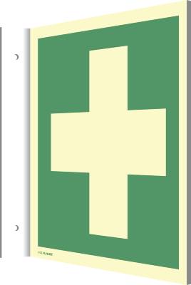 Fahnenschild Erste Hilfe ISO 7010 Kunststoff nachleucht. 160-mcd 148x148 mm.