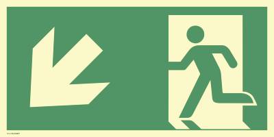 Schild Notausgang links abwärts, ISO 7010, Kunststoff, nachleucht., 160-mcd, 400x200mm