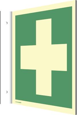 Fahnenschild Erste Hilfe, ISO 7010, Kunststoff, nachleucht., 160-mcd, 200x200 mm