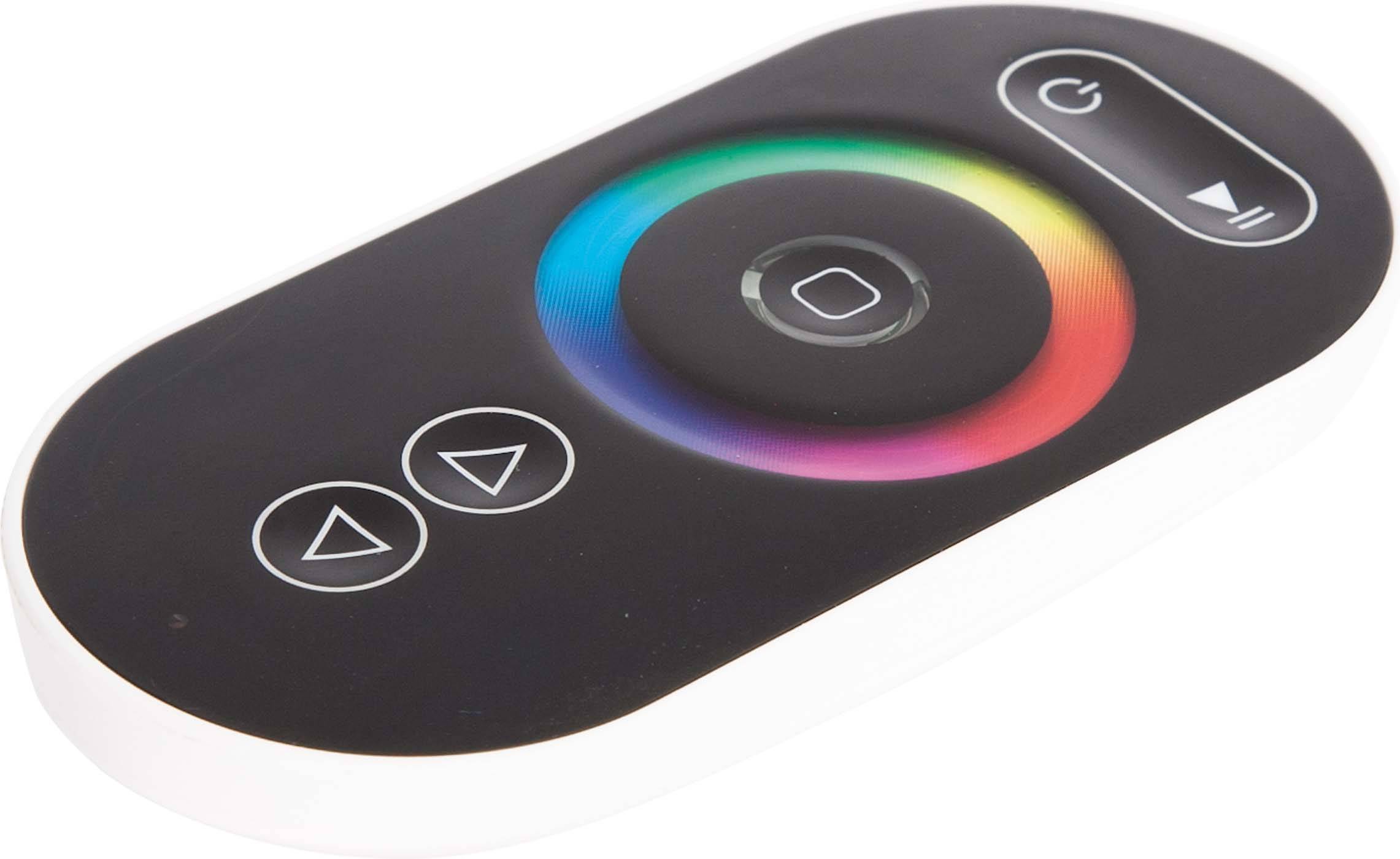 Ein schwarzer Fernbedienung mit Touchpad, bunt beleuchtetem Kreis zur Farbauswahl, Power- und Pfeiltasten zum Steuern von LED-Leuchten.