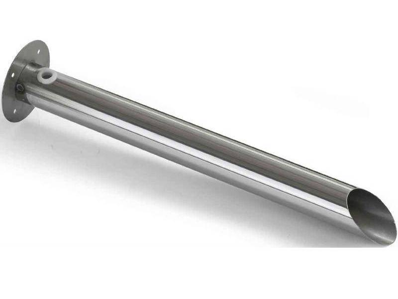 Ein langer, glänzender Metallrohr mit flacher Befestigungsplatte an einem Ende. Verwendung möglicherweise im Bau oder in der Installationstechnik.