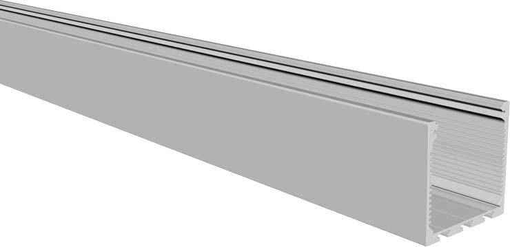 Ein längliches, rechteckiges Aluminiumprofil. Es wird oft in der Bauindustrie verwendet, um Strukturen zu stützen oder zu verbinden.