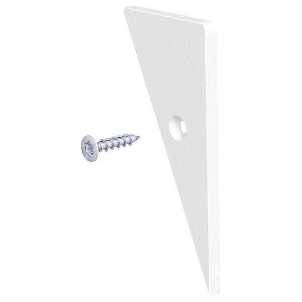 Ein weißes, dreieckiges Winkelelement aus Kunststoff mit einem Loch und eine Schraube daneben.
