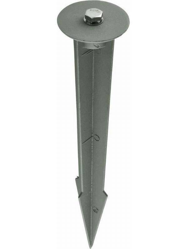 Ein verzinkter Erdanker mit rundem Kopf und Schraube, geeignet zur stabilen Befestigung von Konstruktionen im Boden.