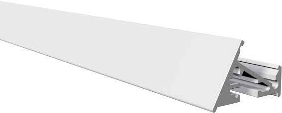 Profilansicht eines Aluminium-Profils, zur Befestigung von LED-Streifen geeignet, mit Abdeckung und Montagehalterungen im Inneren sichtbar.